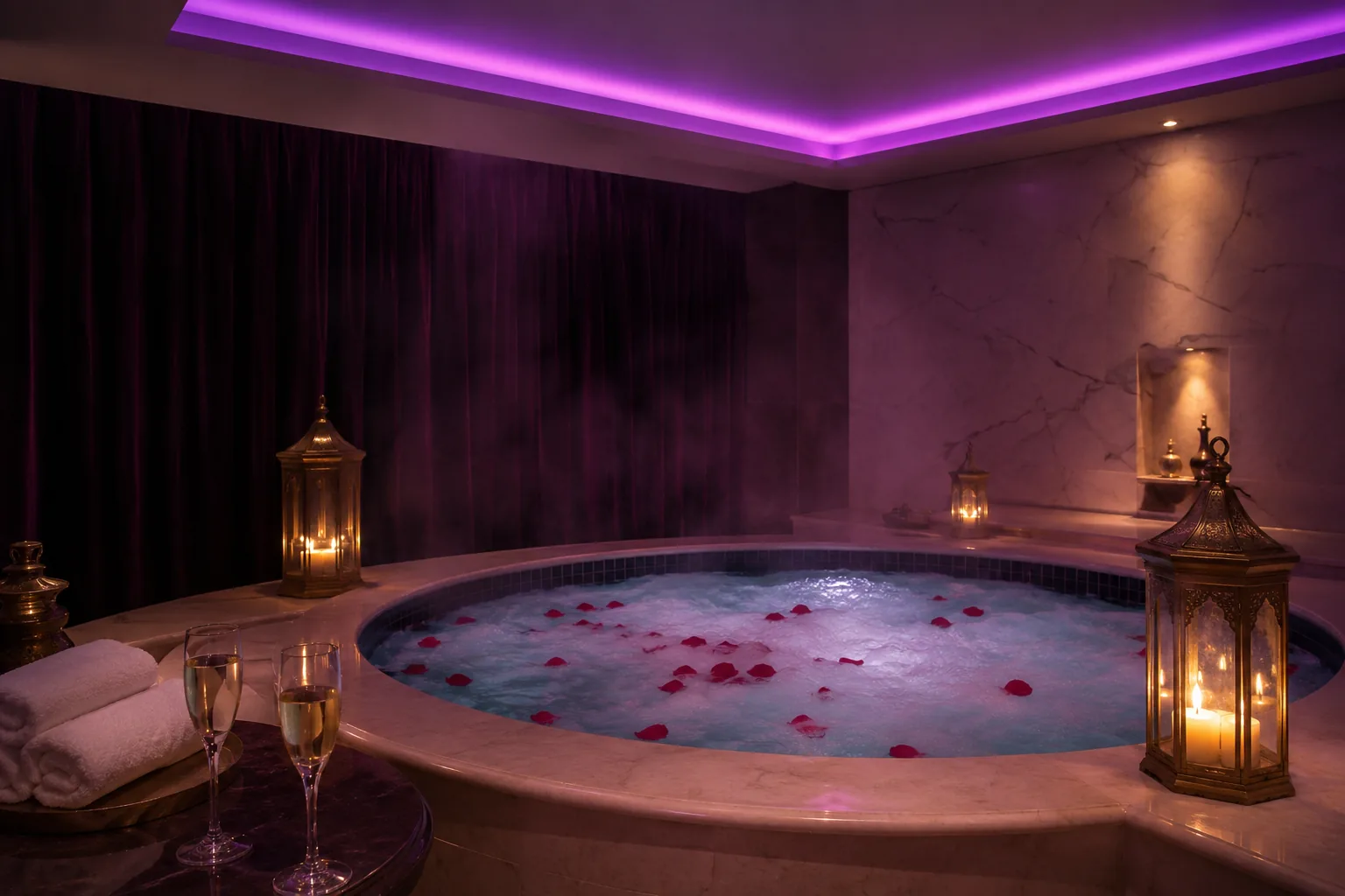 Jakuzili vip odanın mor ışıklı hâli — Lila Spa, Arnavutköy misafirlerine hizmet veren salon